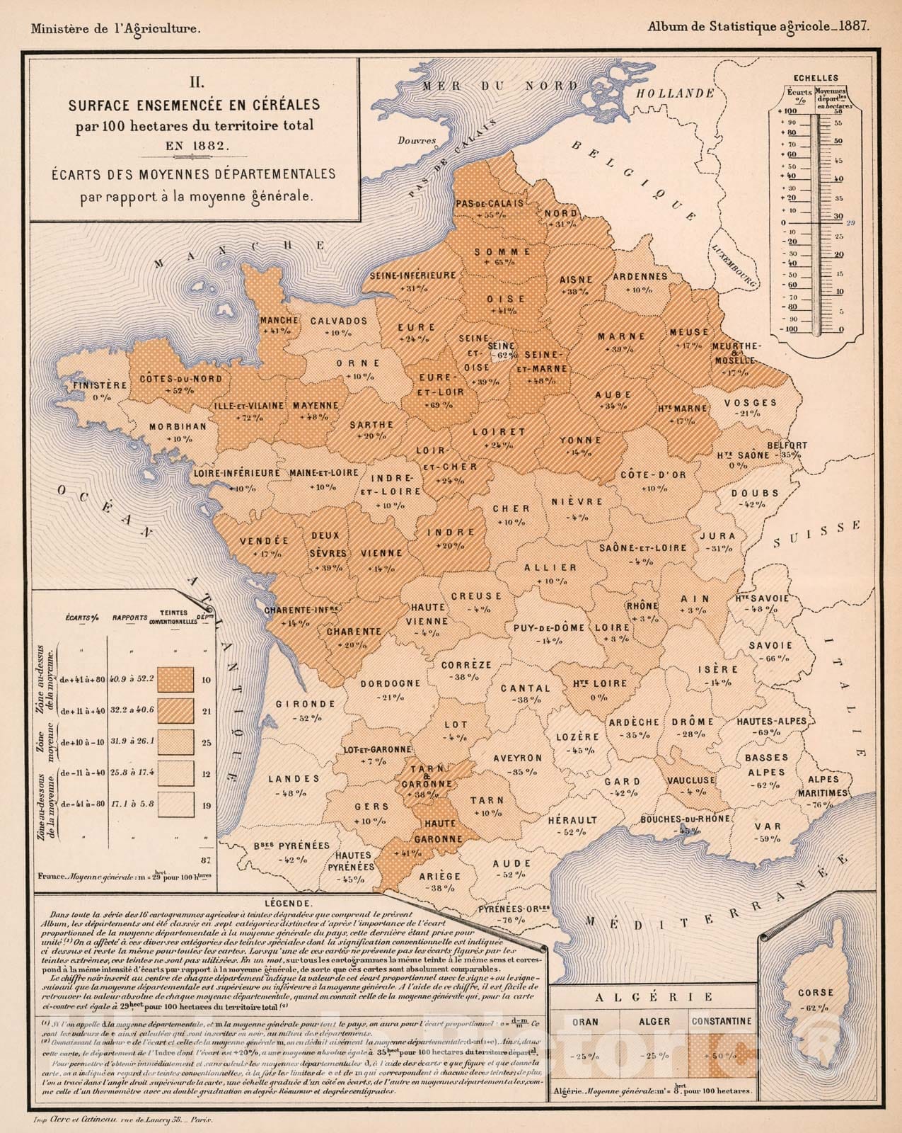 Historic Map : II. Surface ensemencee en cereales par 100 hectares du territoire total en 1882, 1887, Vintage Wall Decor