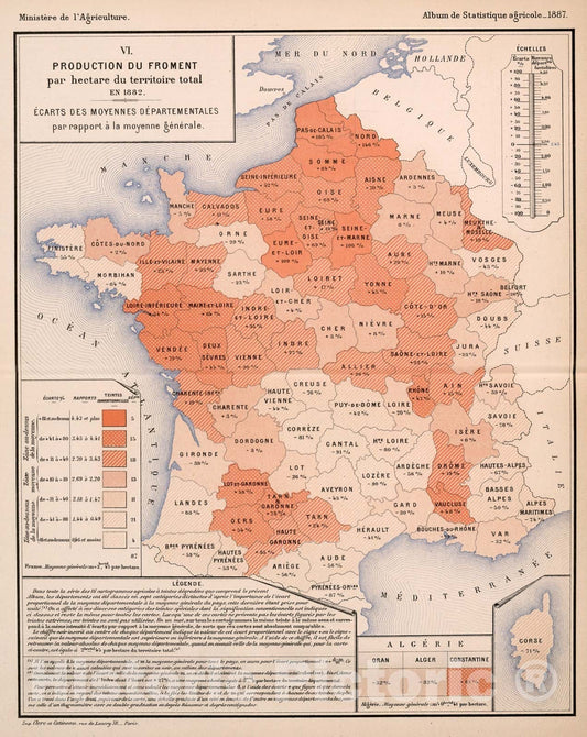 Historic Map : VI. Production du froment par 100 hectares du territoire total en 1882, 1887, Vintage Wall Decor