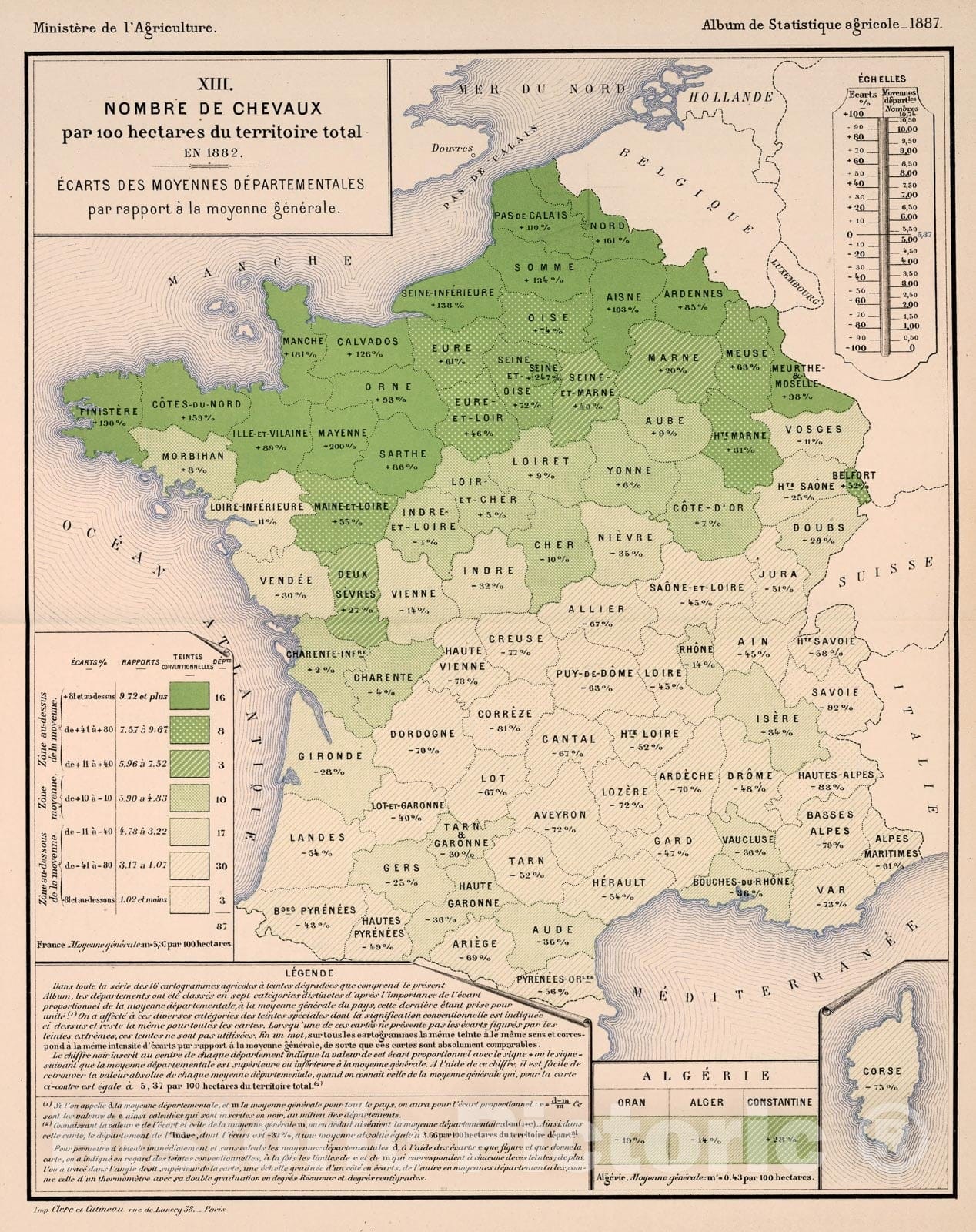 Historic Map : XIII. Nombre de chevaux par 100 hectares du territoire total, en 1882, 1887, Vintage Wall Decor