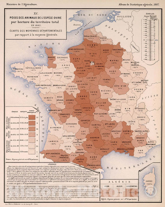 Historic Map : XV. Poids des animaux de l'espece ovine par hectare du territoire total, en 1882, 1887, Vintage Wall Decor