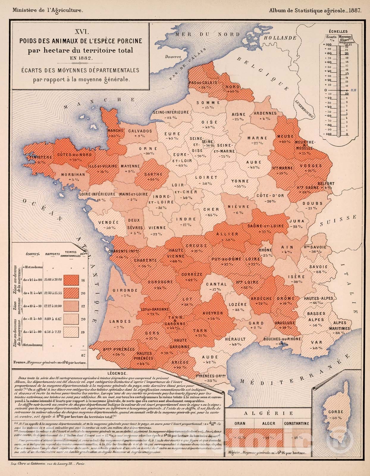 Historic Map : XVI. Poids des animaux de l'espece porcine par hectare du territoire total, en 1882, 1887, Vintage Wall Decor