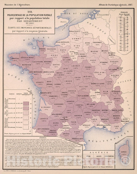 Historic Map : XVII. Population rurale par rapport a la population totale par departement, en 1882, 1887, Vintage Wall Decor