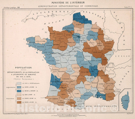 Historic Map : Population ... 1851-1876. Carte No. 1, 1881, Vintage Wall Decor