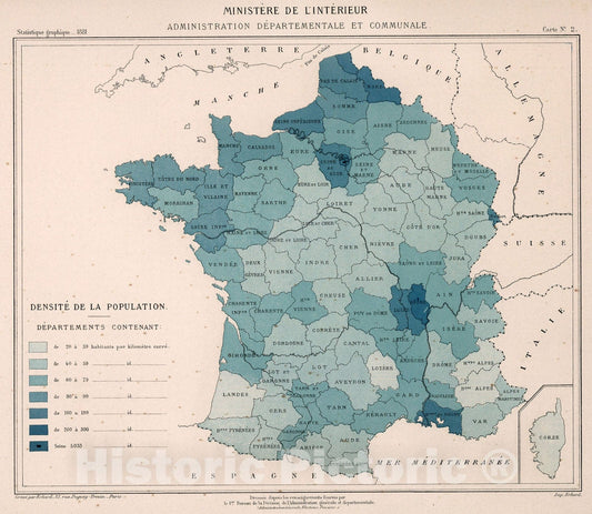 Historic Map : Densite de la population. Carte No. 2, 1881, Vintage Wall Decor