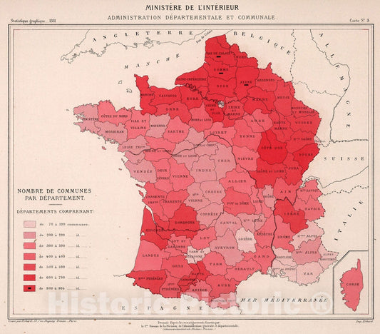 Historic Map : Nombre de communes par departement. Carte No. 3, 1881, Vintage Wall Decor