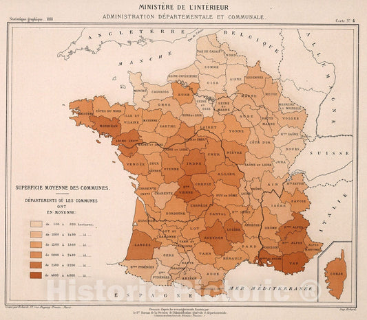 Historic Map : Superficie moyene des communes. Carte No. 4, 1881, Vintage Wall Decor