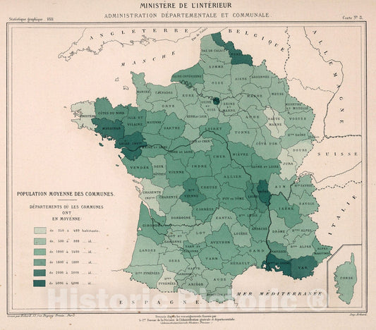 Historic Map : Population moyenne des communes. Carte No. 5, 1881, Vintage Wall Decor