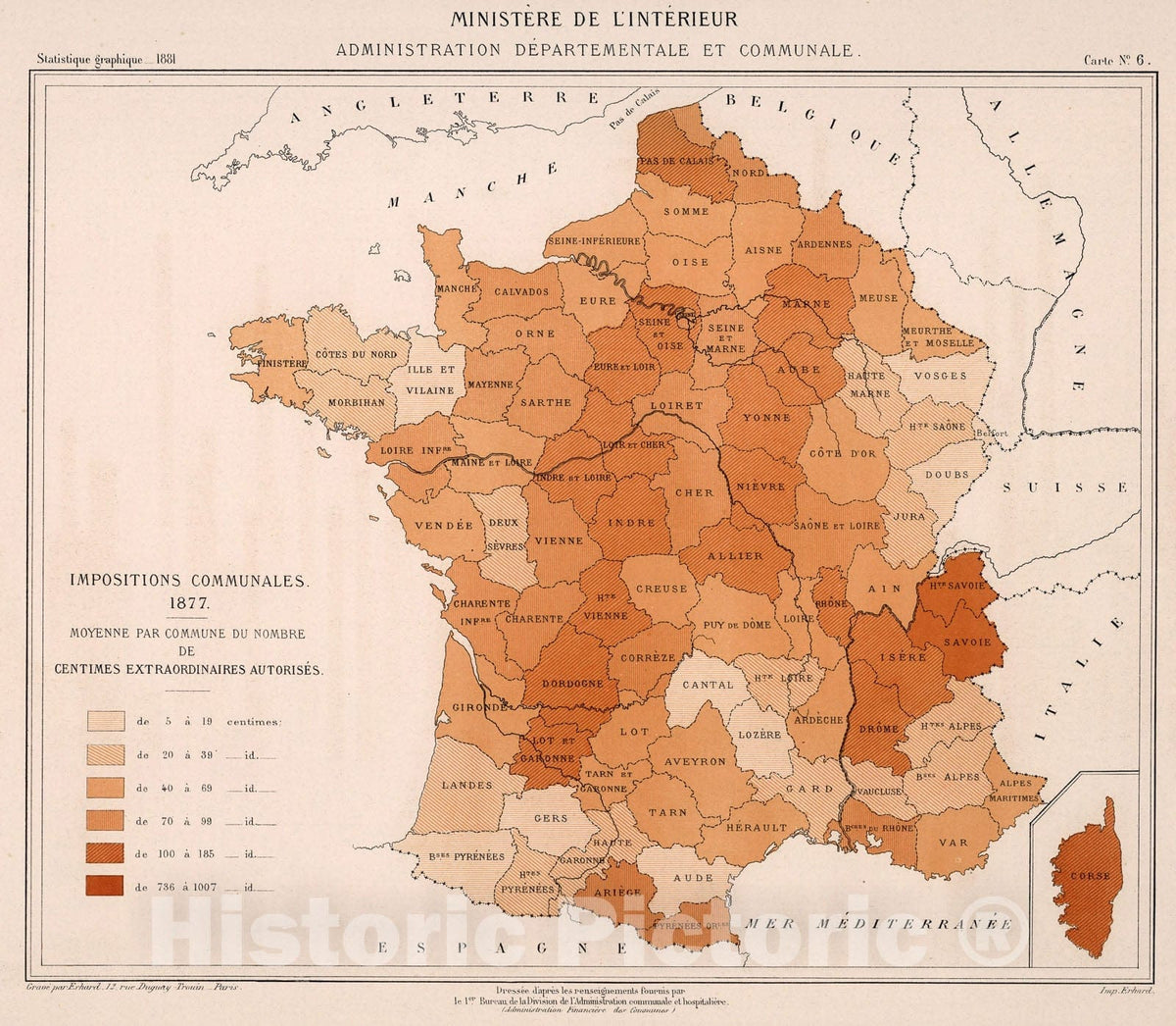 Historic Map : Imposition communales 1877. Carte 6, 1881, Vintage Wall Decor
