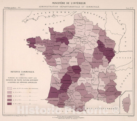 Historic Map : Revenus communaux 1877. Carte 7, 1881, Vintage Wall Decor