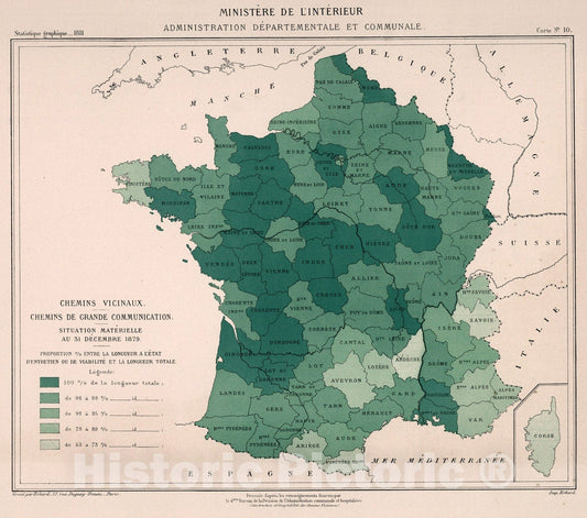 Historic Map : Chemins vicinaux. Chemins de grande communication. Carte No. 10, 1881, Vintage Wall Decor