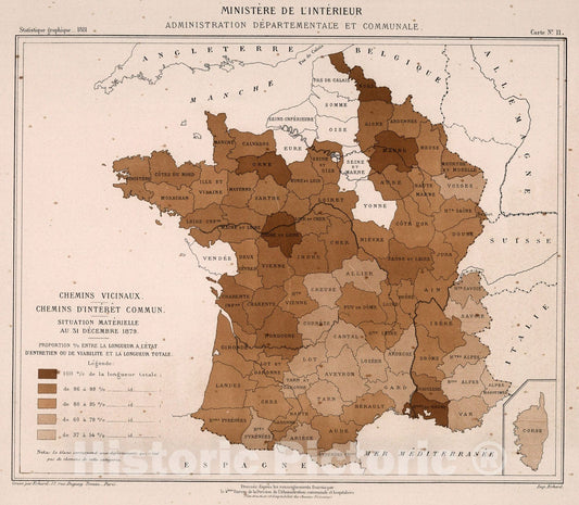 Historic Map : Chemins vicinaux. Chemins d' interet commun. Carte No. 11, 1881, Vintage Wall Decor