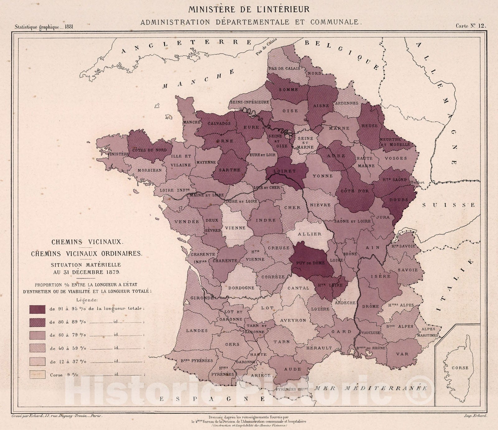 Historic Map : Chemins vicinaux. Chemins vicinaux ordinaires. Carte No. 12, 1881, Vintage Wall Decor