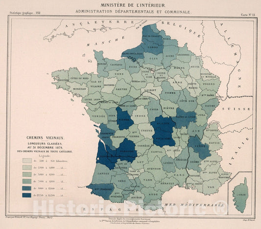 Historic Map : Chemins vicinaux. Longueurs classes ... Carte No. 13, 1881, Vintage Wall Decor