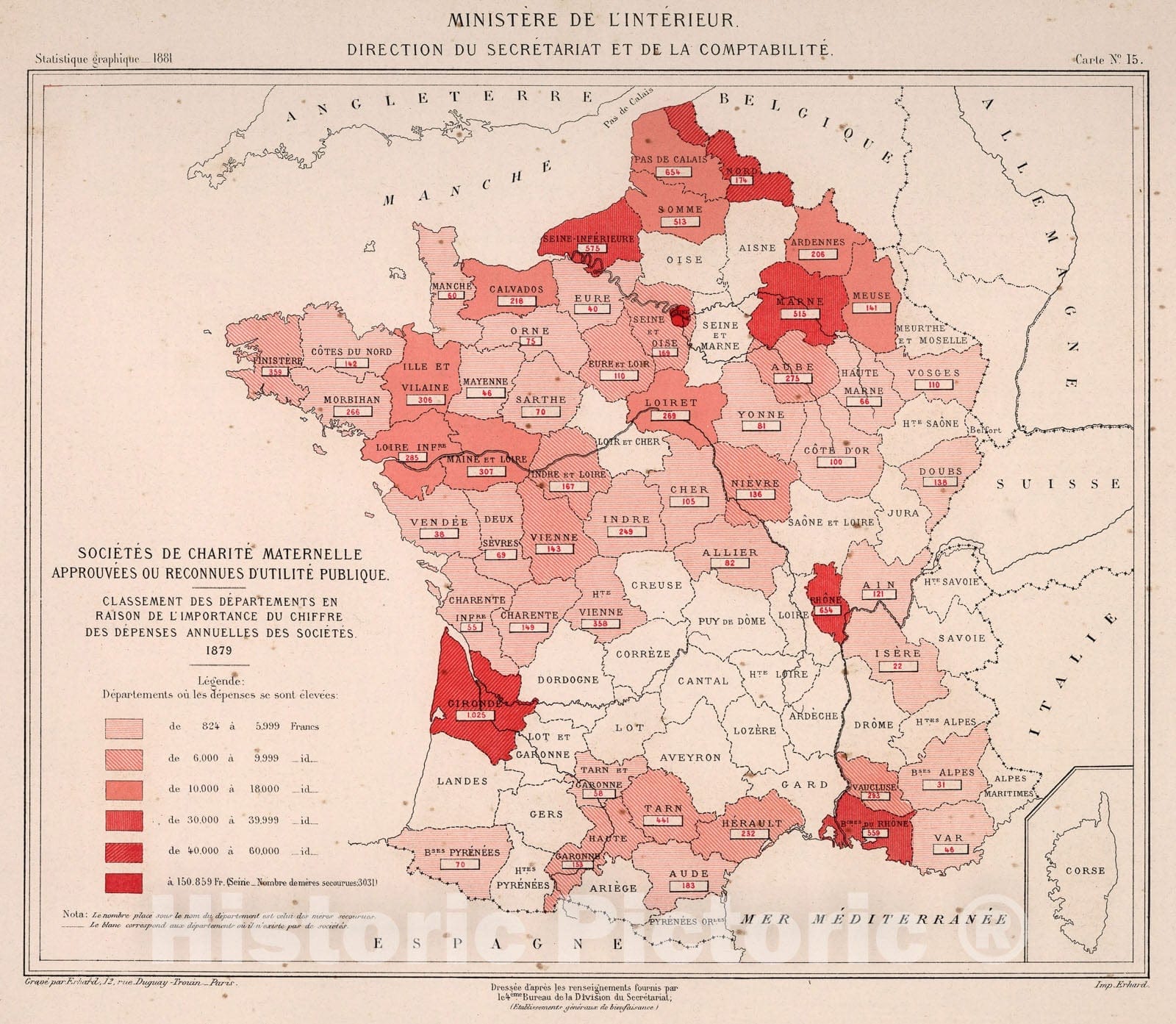 Historic Map : Societes de charite maternelle approuvees ou reconnues d'utilite publique. Carte 15, 1881, Vintage Wall Decor