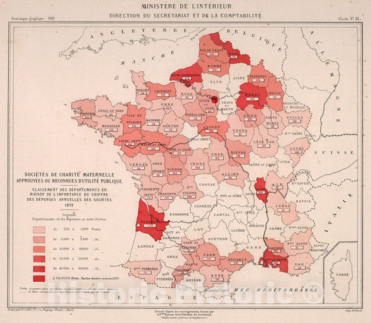 Historic Map : Societes de charite maternelle approuvees ou reconnues d'utilite publique. Carte 15, 1881, Vintage Wall Decor