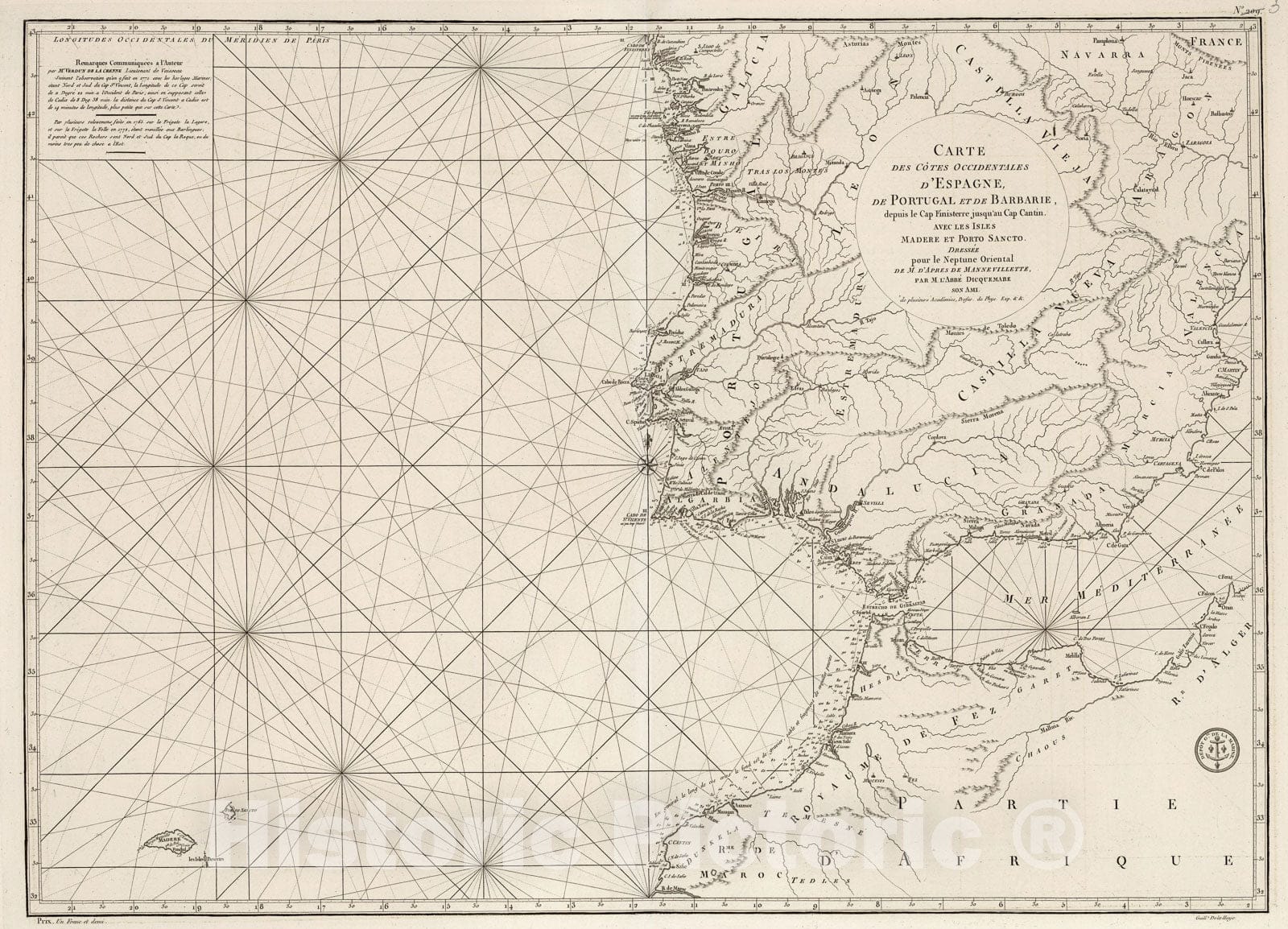 Historic Map : Carte des cotes occidentales d'Espagne, de Portugal et de Barbarie, 1810, Vintage Wall Decor