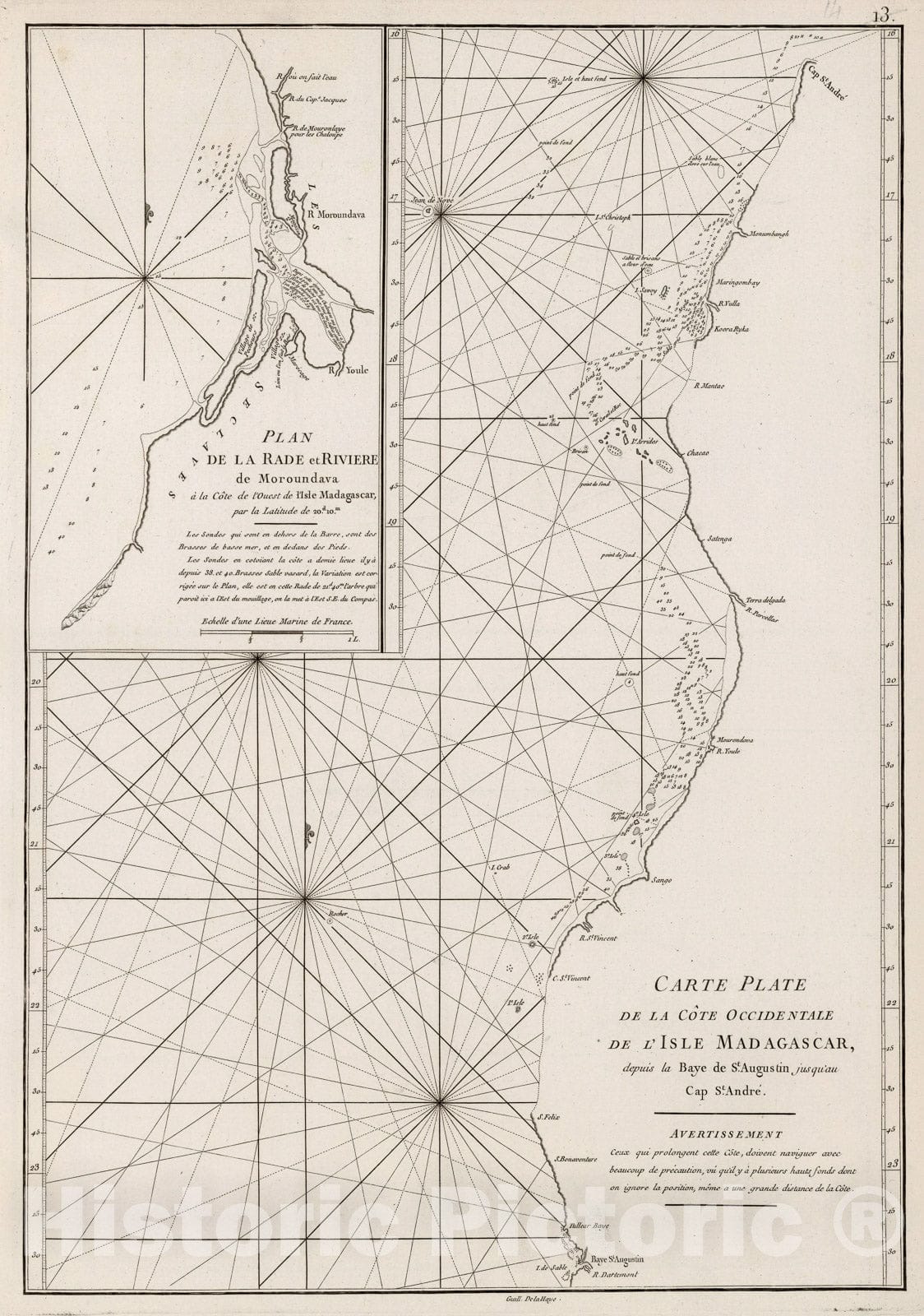 Historic Map : Carte de l'isle Madagascar : Western coast of Madagascar island, Bay of St. Augustine to Cape St. Andre., 1810, Vintage Wall Decor