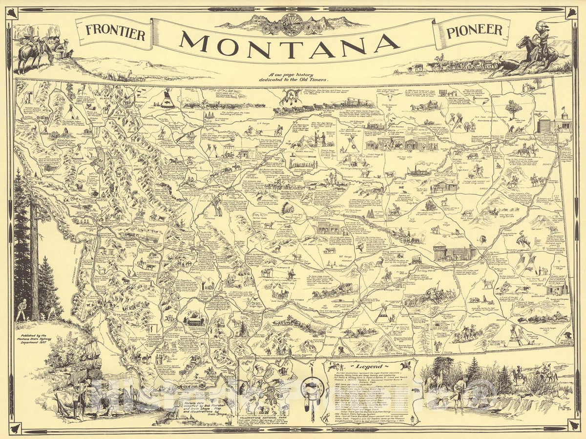 Historic Map : Frontier - pioneer Montana : a one page history dedicated to the Old Timers, 1937, Vintage Wall Decor