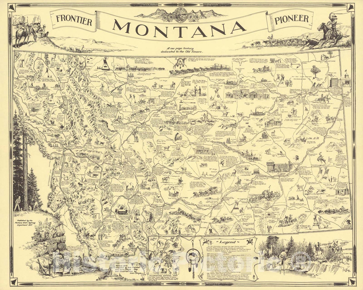 Historic Map : Frontier - pioneer Montana : a one page history dedicated to the Old Timers, 1937, Vintage Wall Decor