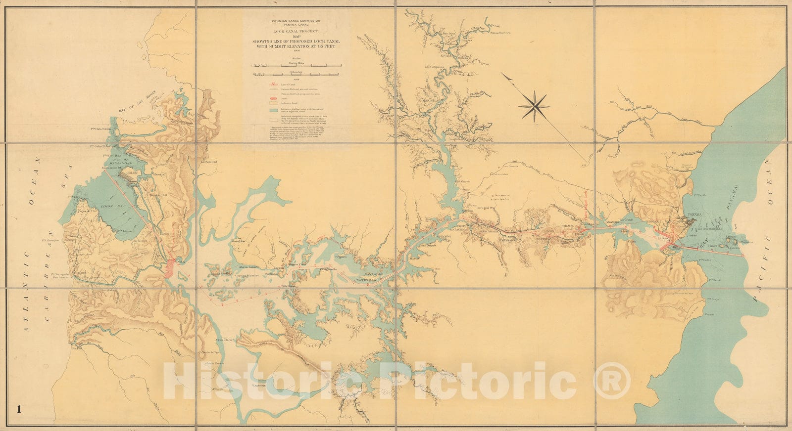 Historic Map : Map showing line of proposed lock canal, 1906, Vintage Wall Decor