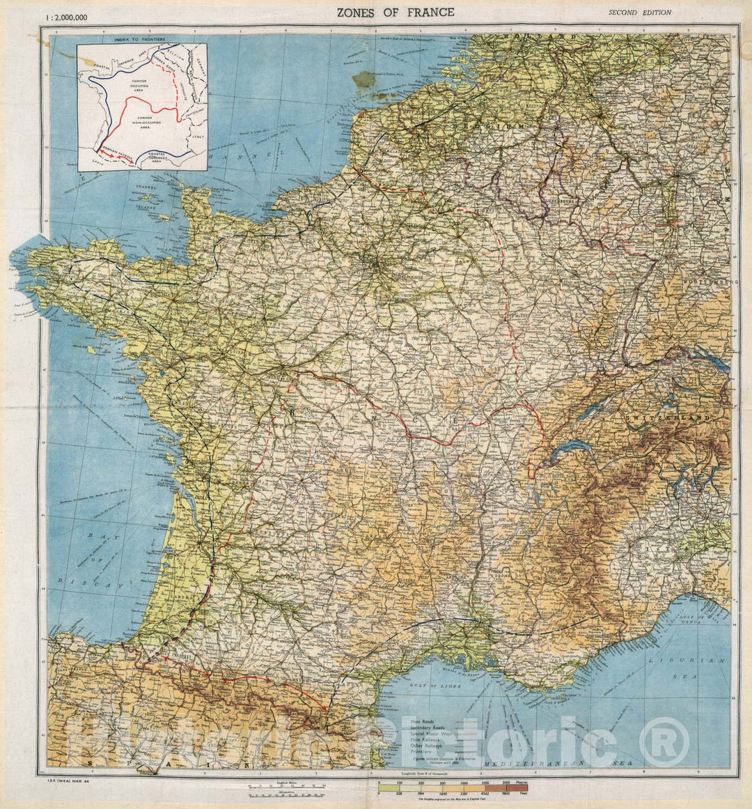 Historic Map : Zones of France : 1:2,000,000, 1944, Vintage Wall Decor