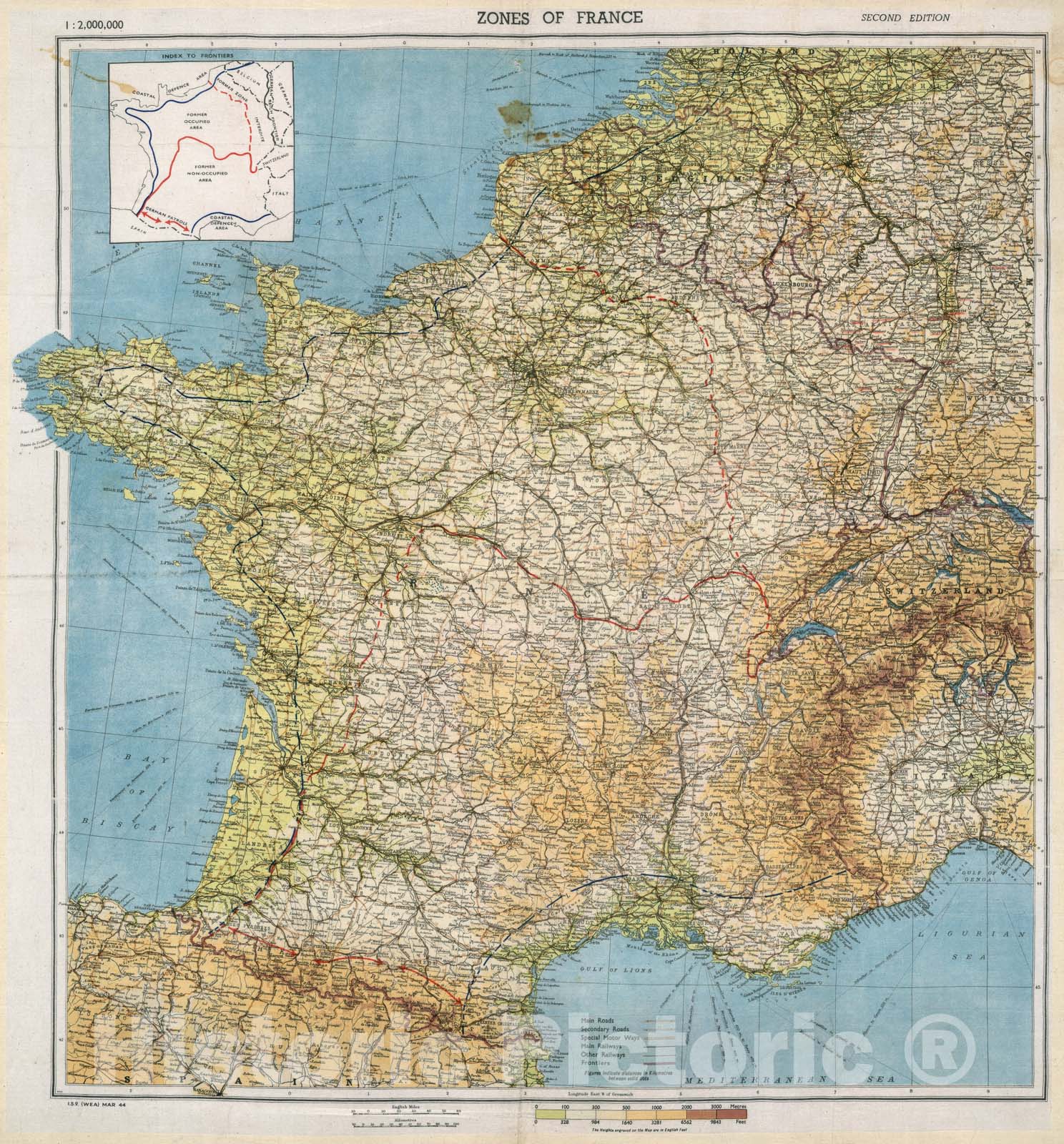 Historic Map : Zones of France : 1:2,000,000, 1944, Vintage Wall Decor