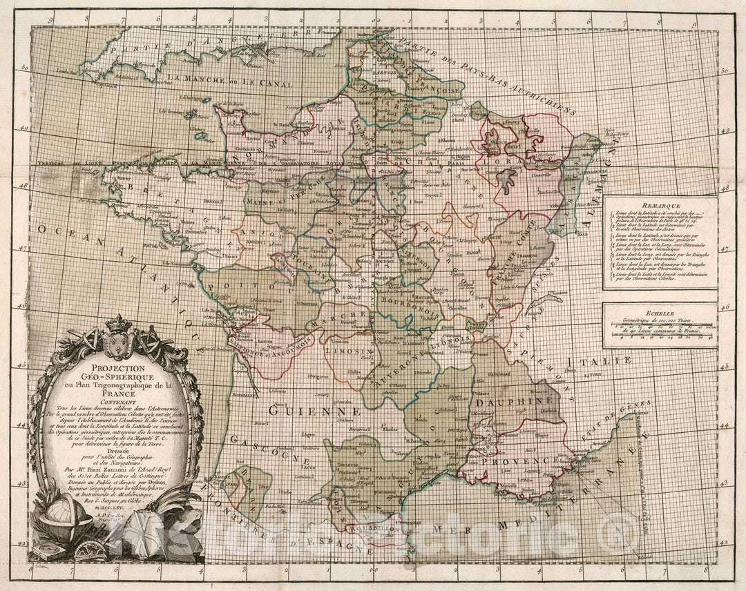 Historic Map : Projection geo-spherique ou plan trigonographique de la France, 1765, Vintage Wall Decor