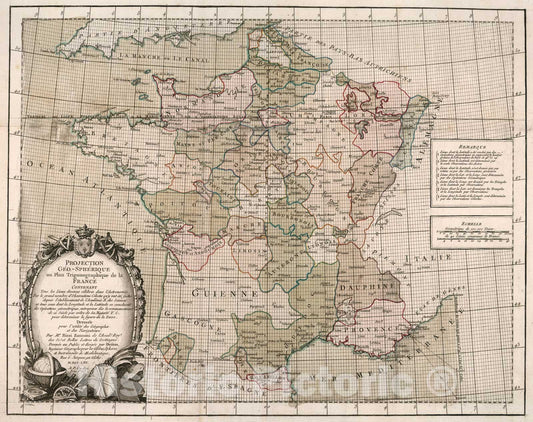 Historic Map : Projection geo-spherique ou plan trigonographique de la France, 1765, Vintage Wall Decor