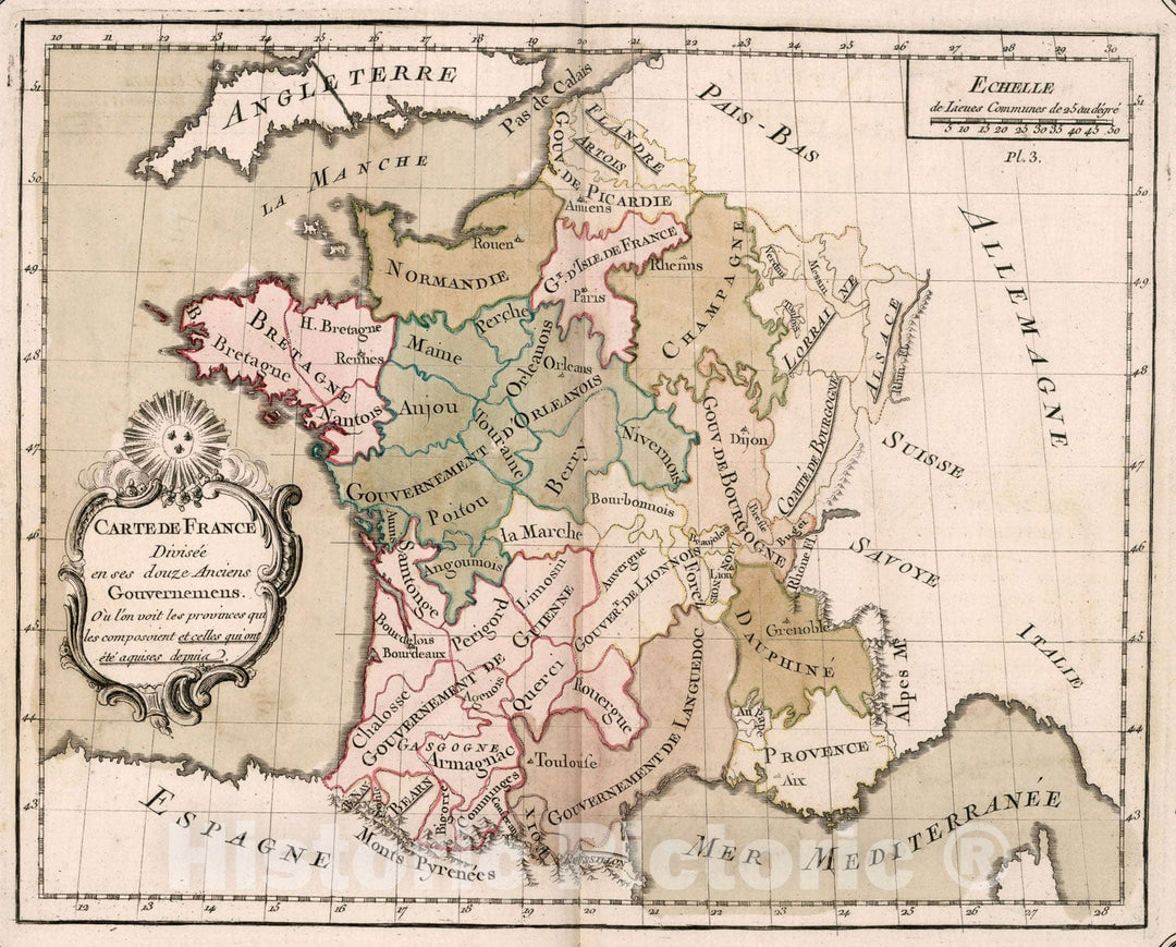 Historic Map : Carte de France divisee en ses douze anciens Gouvernemens, 1765, Vintage Wall Decor
