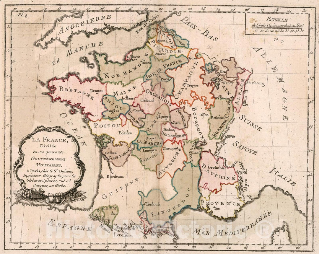 Historic Map : La France divisee en ses quarant Gouvernemens Militaires, 1765, v1, Vintage Wall Decor
