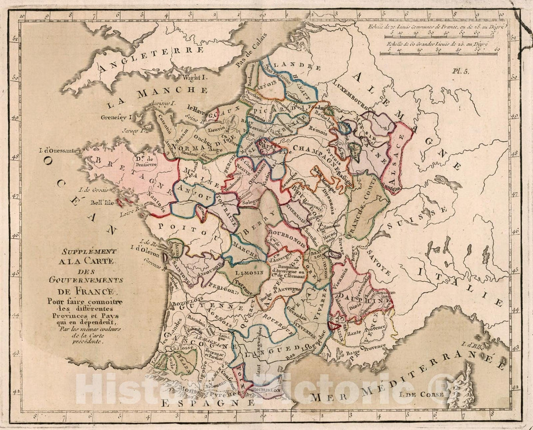 Historic Map : Supplement a la carte des Gouvernemts de France, 1765, Vintage Wall Decor