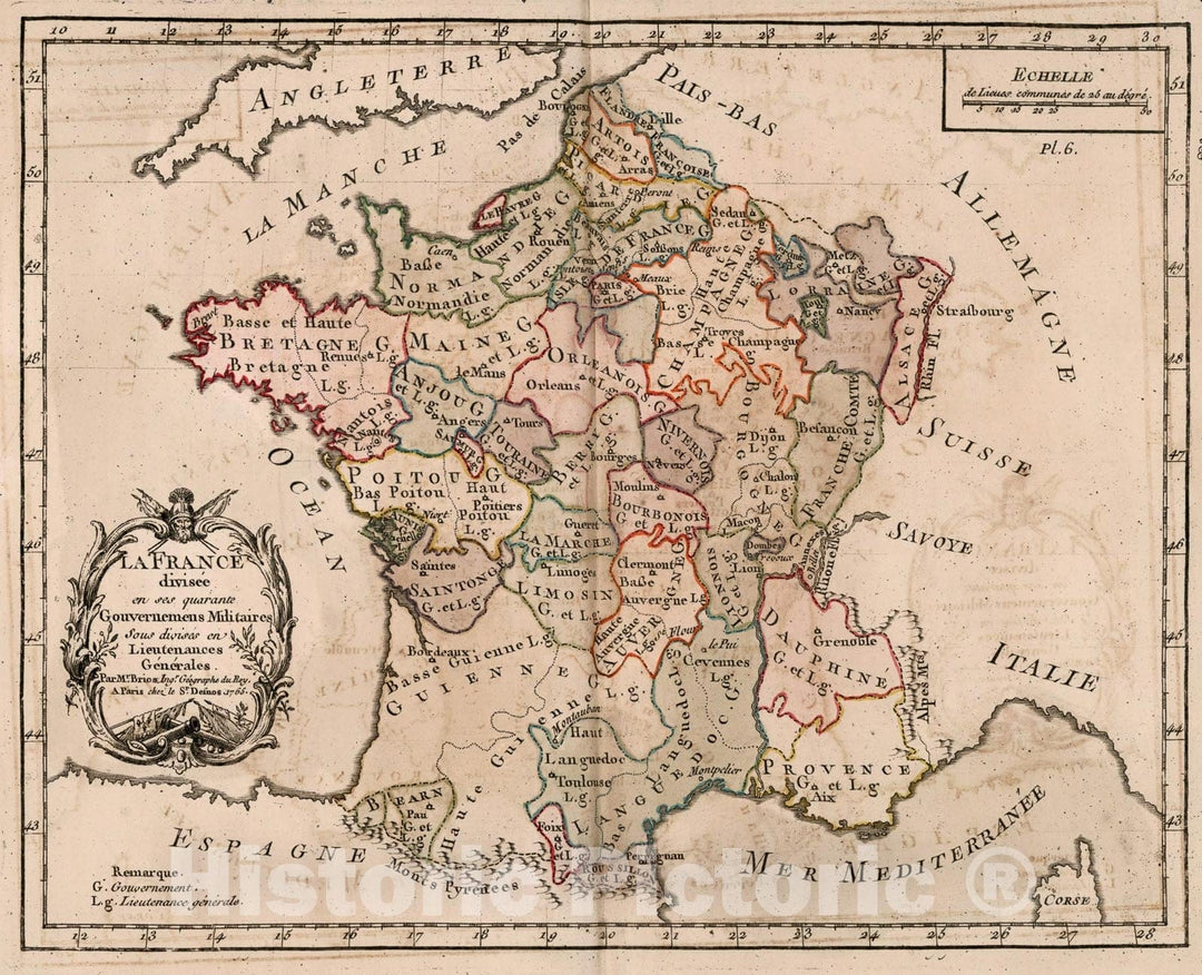 Historic Map : La France divisee en ses quarant Gouvernemens Militaires, 1765, v2, Vintage Wall Decor