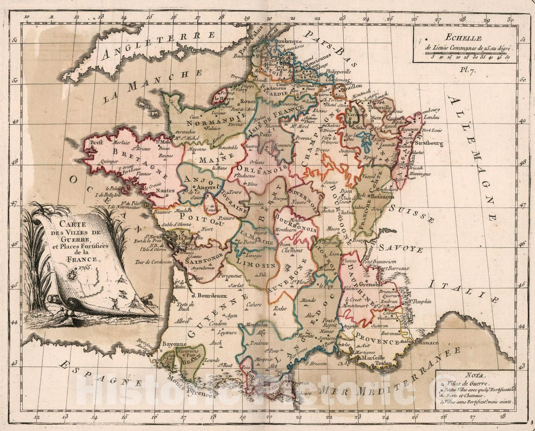 Historic Map : Carte des Villes de Guerre, et places fortifiees de la France, 1765, Vintage Wall Decor