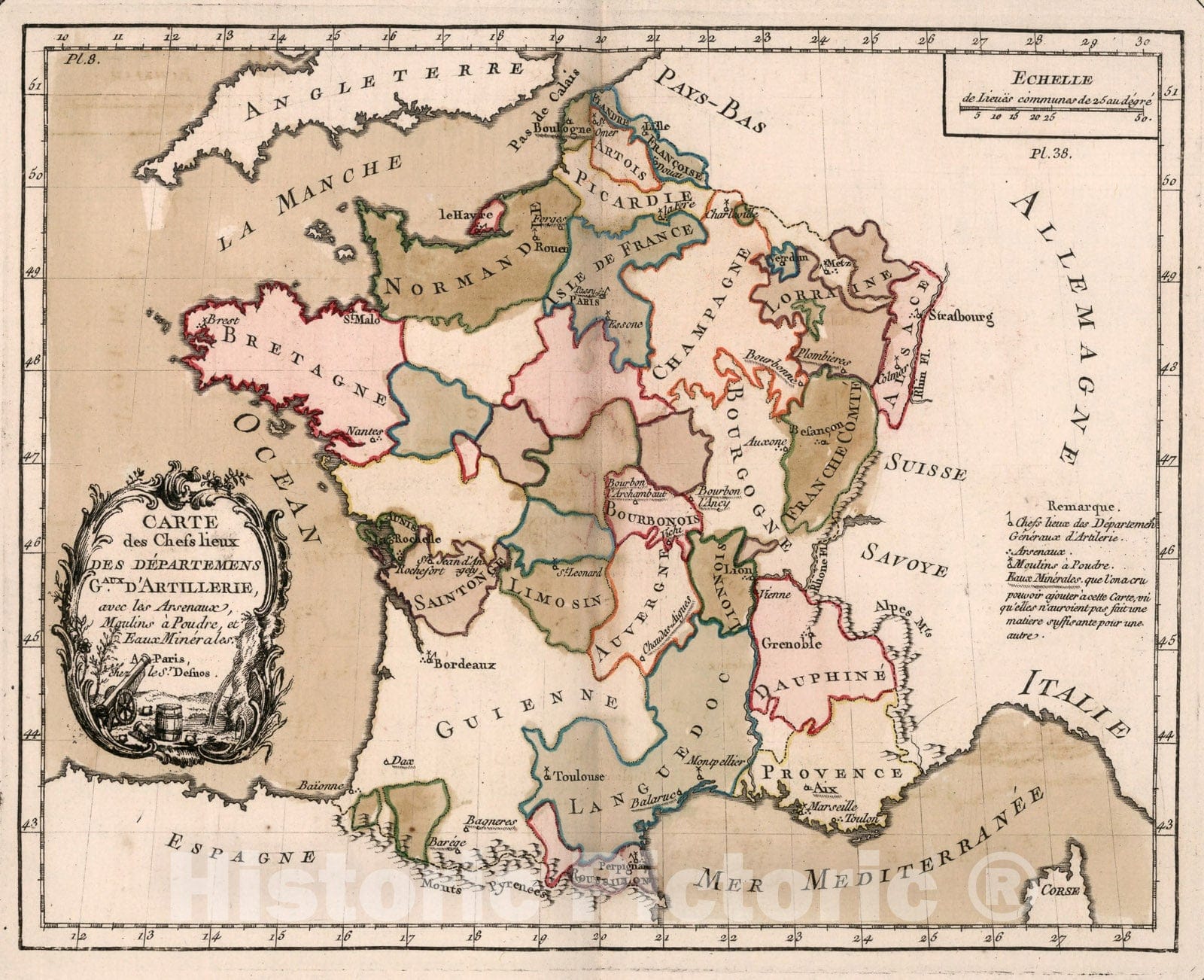 Historic Map : Carte des Chefs lieux des departemens Aaux. d'Artillerie, avec las arsenaux, 1765, Vintage Wall Decor
