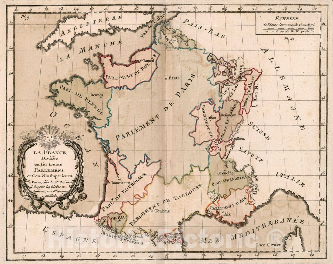 Historic Map : Carte France divise en ses treize Parlemens et conseils superieures, 1765, Vintage Wall Decor