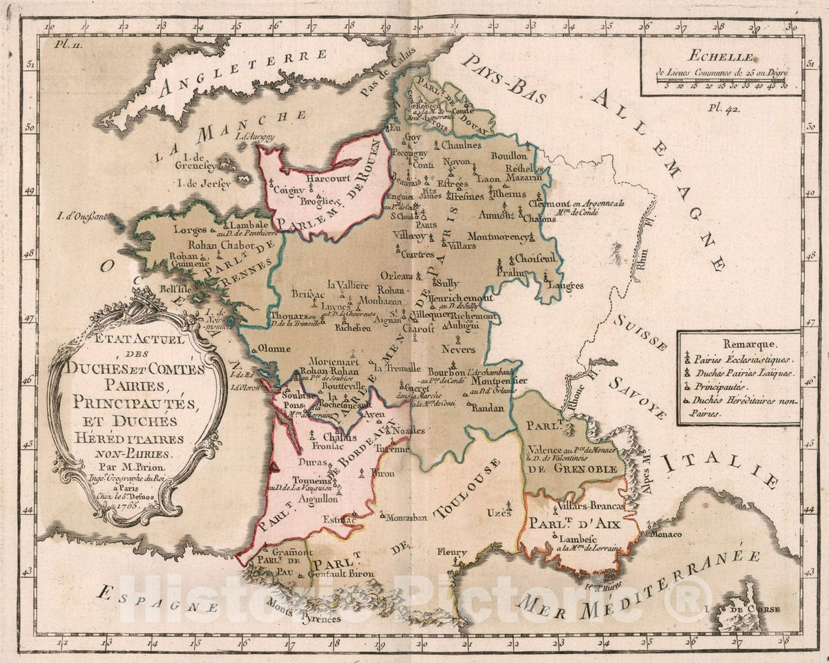Historic Map : Etat actual de Duches et Comtes pairies Principautes et Duches Here Itaires non-Pairies., 1765, Vintage Wall Decor