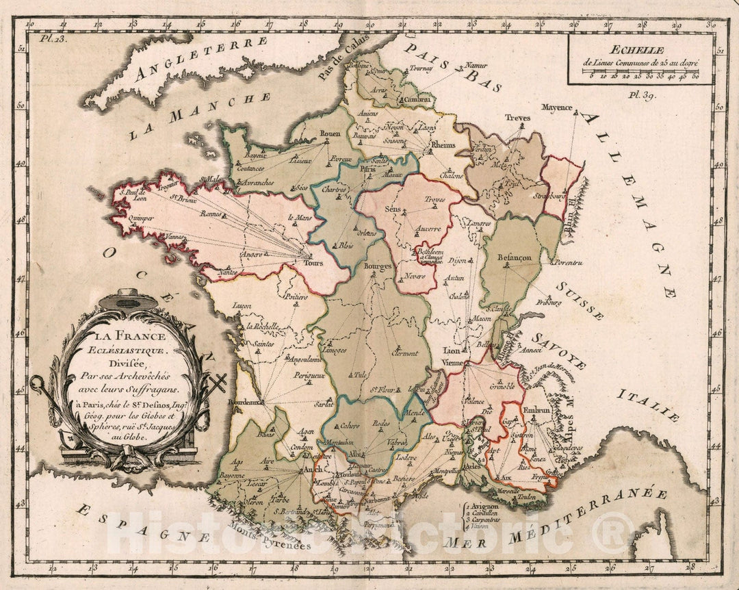 Historic Map : La France eclesiastique. Divisee, Par ses Archeveches avec leurs Suffragans, 1765, Vintage Wall Decor