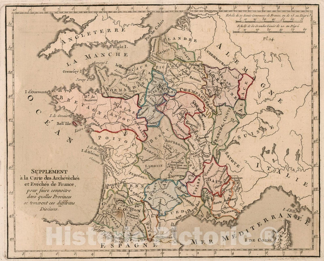 Historic Map : Supplement a la carte Archeveches et Eveches de France, 1765, Vintage Wall Decor