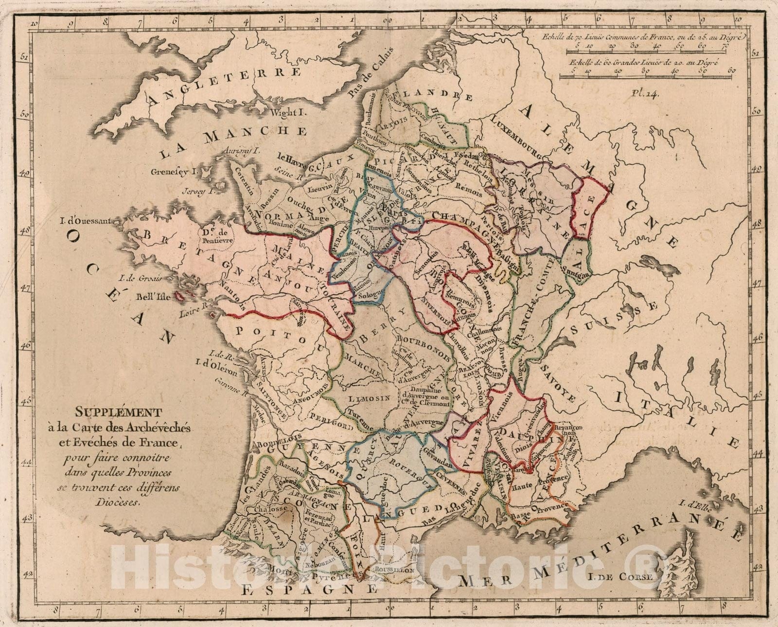 Historic Map : Supplement a la carte Archeveches et Eveches de France, 1765, Vintage Wall Decor