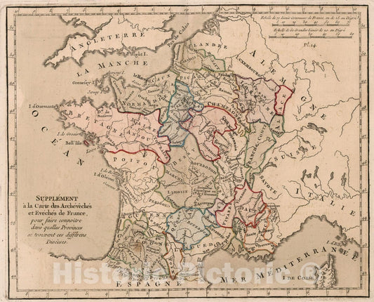 Historic Map : Supplement a la carte Archeveches et Eveches de France, 1765, Vintage Wall Decor