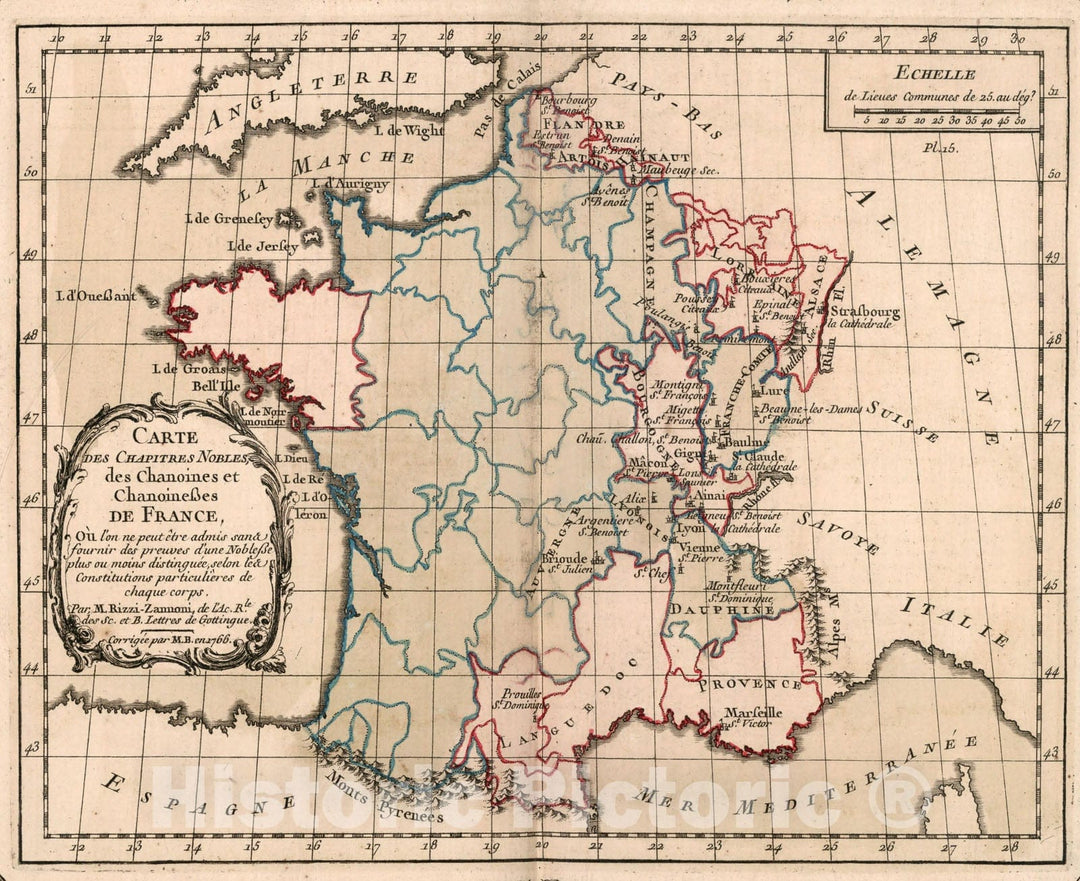 Historic Map : Carte des chapitres nobles, des chanoines et chanoinesses de France, 1765, Vintage Wall Decor