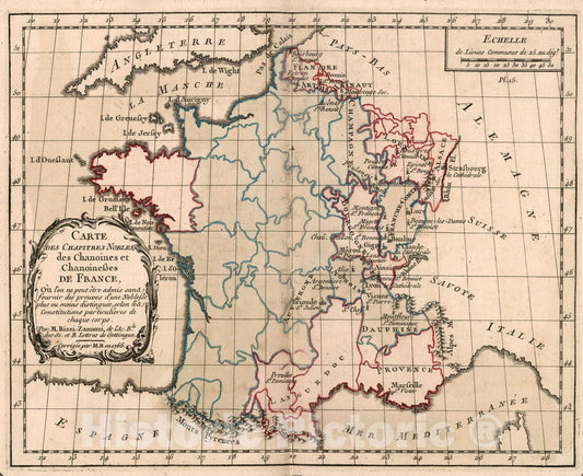 Historic Map : Carte des chapitres nobles, des chanoines et chanoinesses de France, 1765, Vintage Wall Decor