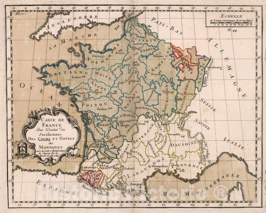 Historic Map : Carte de France pour l'etendue les jurisdictions des cours et hotels des monnoyes, 1765, Vintage Wall Decor