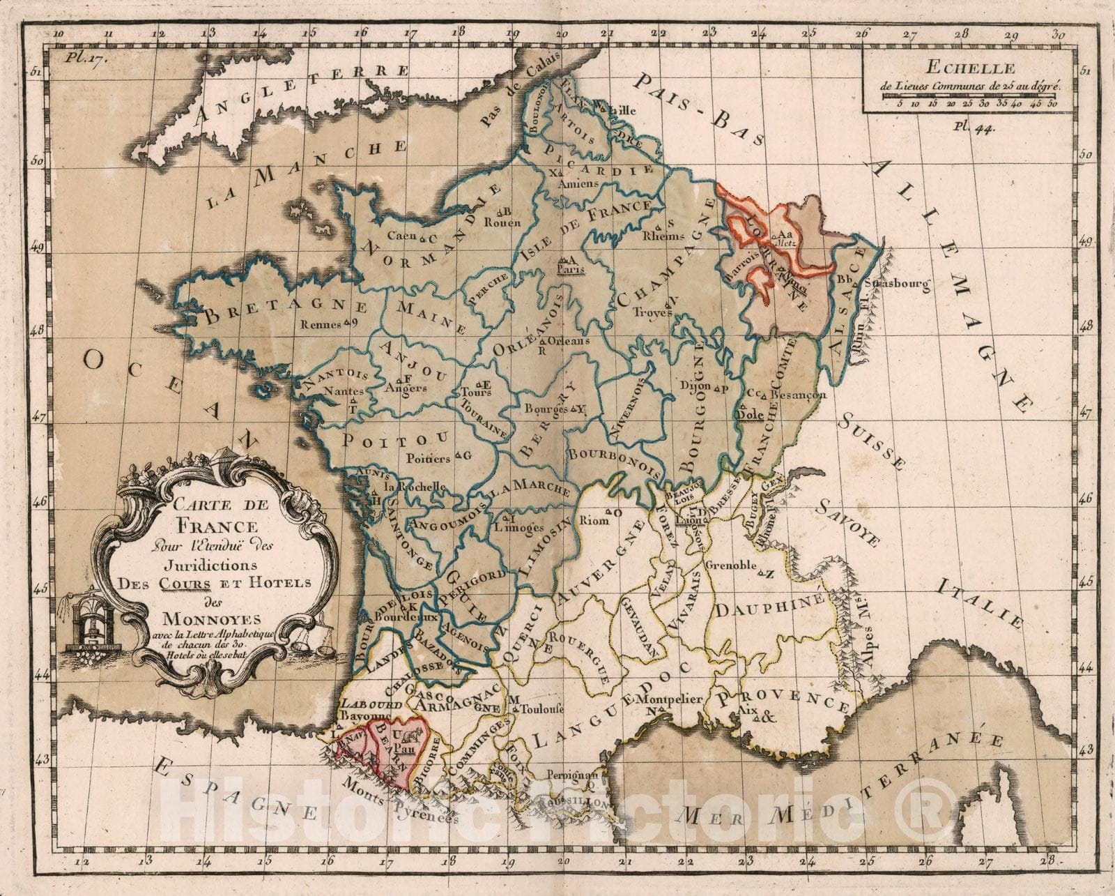 Historic Map : Carte de France pour l'etendue les jurisdictions des cours et hotels des monnoyes, 1765, Vintage Wall Decor
