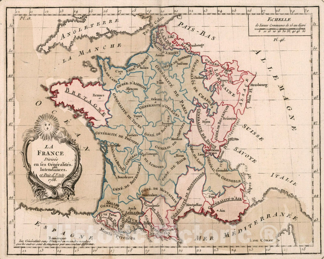 Historic Map : La France divisee en ses genealites, ou intendances, et pais d'etats, 1765, v1, Vintage Wall Decor