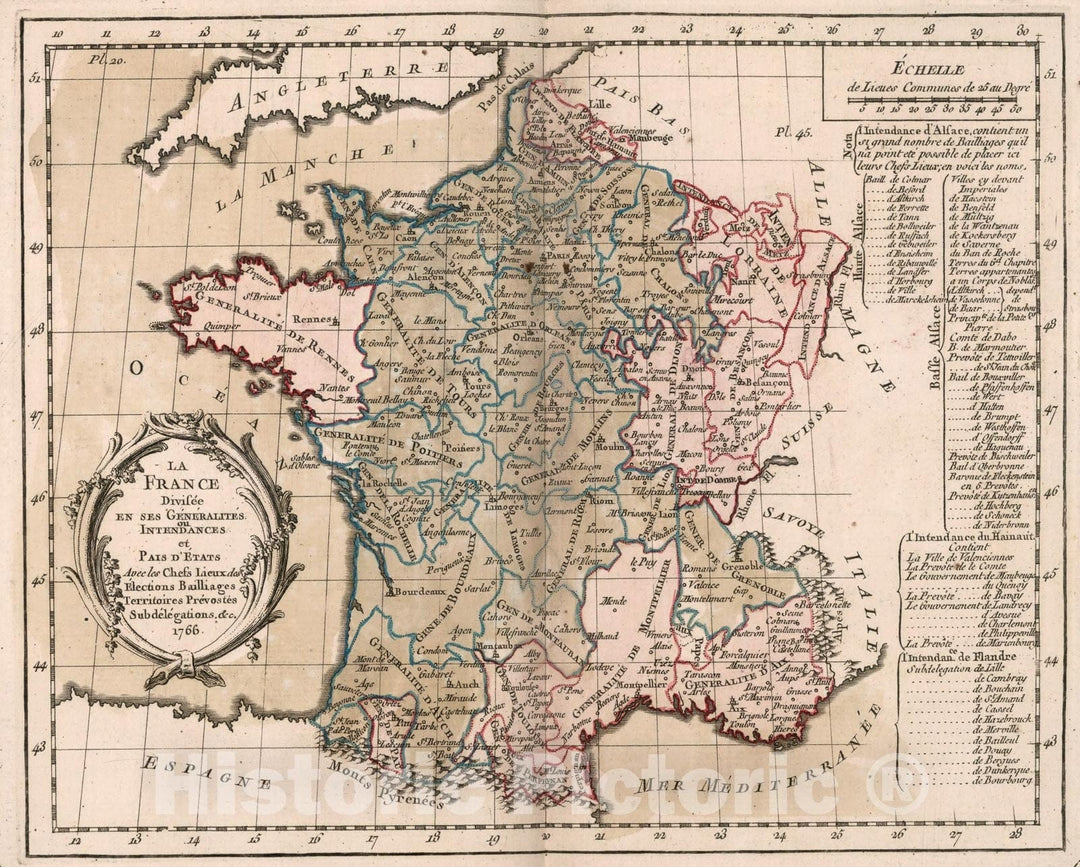 Historic Map : La France divisee en ses genealites, ou intendances, et pais d'etats, 1765, v2, Vintage Wall Decor