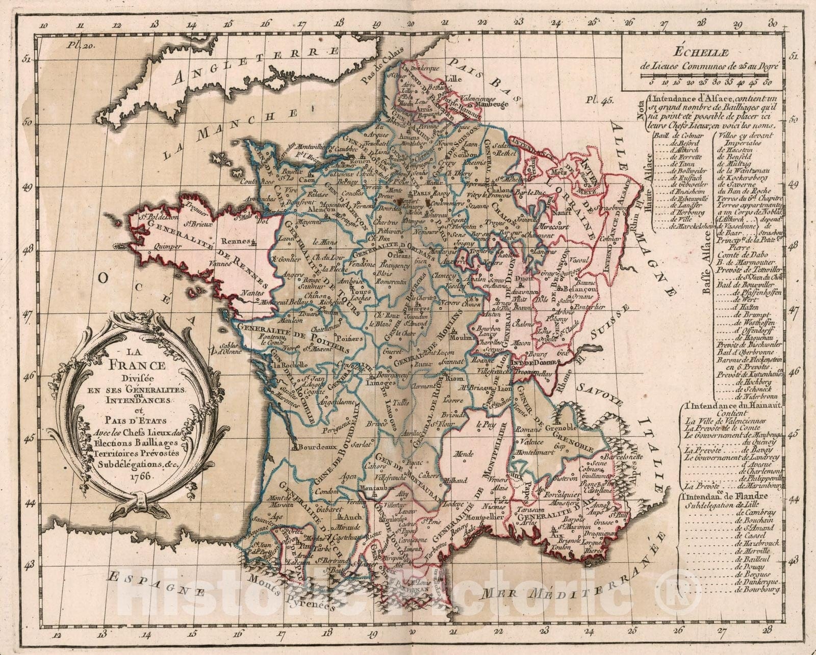 Historic Map : La France divisee en ses genealites, ou intendances, et pais d'etats, 1765, v2, Vintage Wall Decor