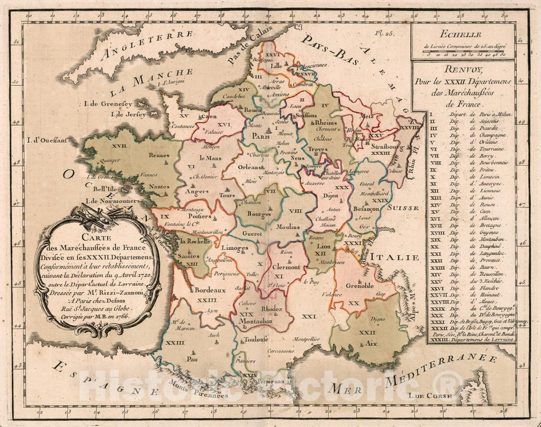 Historic Map : Carte des Marechaussees de France divisee en ses XXXII. Departemens ..., 1765, Vintage Wall Decor