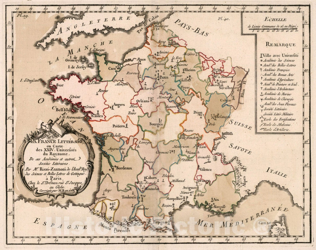 Historic Map : La France, litteraire, ou carte des XXIV universites du Royaume, 1765, Vintage Wall Decor
