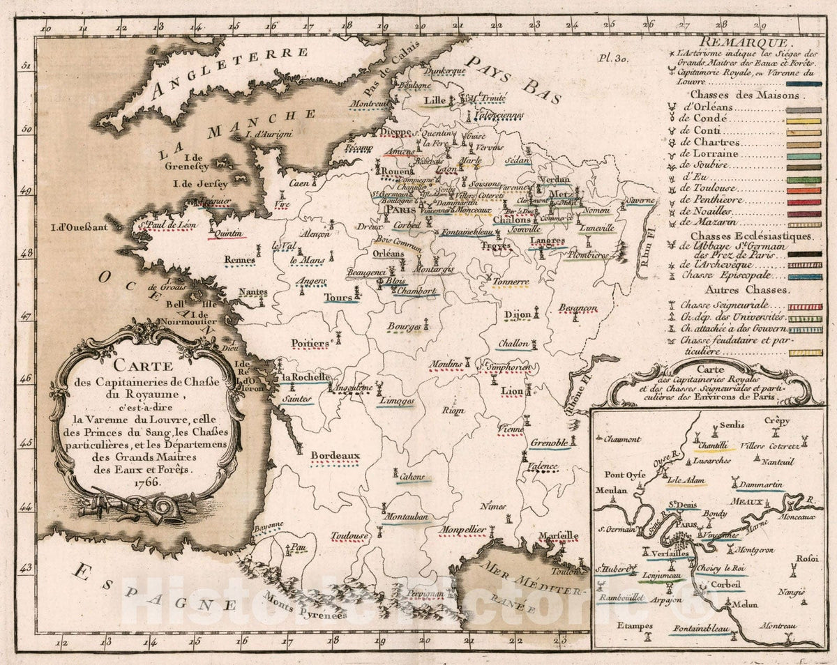 Historic Map : Carte des capitaineries de chasse du Royaume, 1765, Vintage Wall Decor